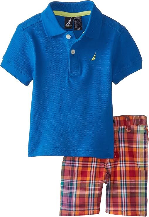 Nautica Boys' 2 Piece Pique Solid Polo with Plaid Short