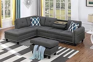 ERYE 3 Piece Modular Sectional, L-Shaped 5 Seaters Corner Comfy Upholstered Sofa & Couch with 2 Cup Holders and Storage Ottoman for Home Apartment Office Living Room Furniture Sets, Grey Right Chaise