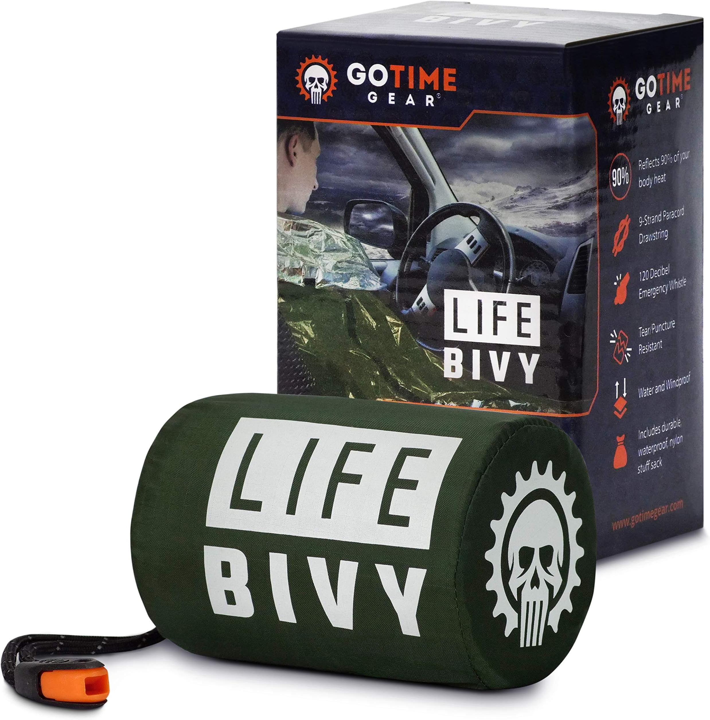 Go Time Gear Life Bivy Emergency Sleeping Bag Thermal Bivvy - Use as Emergency Bivy Sack, Survival Sleeping Bag, Mylar Emergency Blanket - Includes Stuff Sack with Survival Whistle + Paracord String