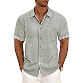 CURBODO Linen Blend Shirts for Men Casual Short Sleeve Button Down Shirt Cool Summer Beach Wedding Vacation Tops