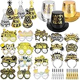 HOWAF 2026 New Year’s Eve Party Supplies, for 18 Guest, 2026 Happy New Year Party Decoration Include Cone Hats Tiaras Tassel Squawkers Glitter New Year Glasses 2026, Black and Gold Top Hats