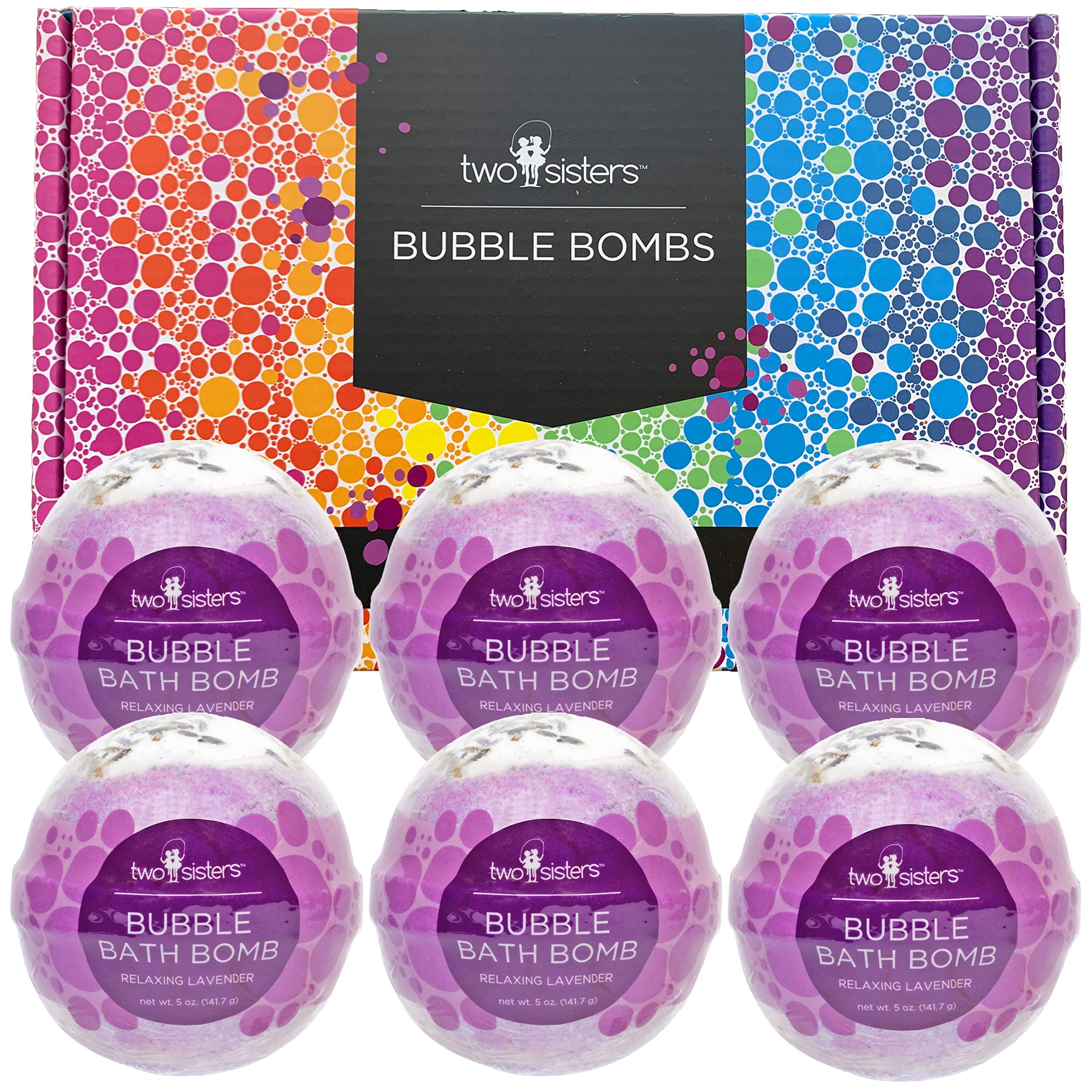 6 Relaxing Lavender Bubble Bath Bombs by Two Sisters Spa. 6 - 5oz Large 99% Natural Fizzies for Women, Teens and Kids. Moisturizes Dry Sensitive Skin. Releases Color, Scent, and Bubbles.