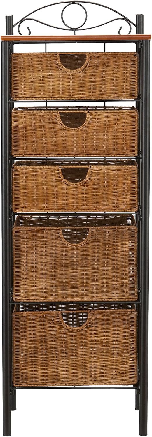 5 Drawer Storage Unit w/ Wicker Baskets - Versatile Tower - Wrought Iron Frame: Furniture & Decor