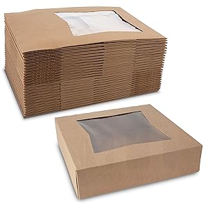 Kraft Paperboard Bakery Box 8” L x 8” W x 2 ½” H - Brown Pastry Box with Auto-Popup Window by MT Products (25 Pieces)