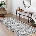 Grey 2x4 Rugs Boho Washable Small Area Rugs for Entryway Bathroom Kitchen, Small Rugs Soft Low Pile Non-Slip Rubber Backing Oriental Door Mat(Border Grey)