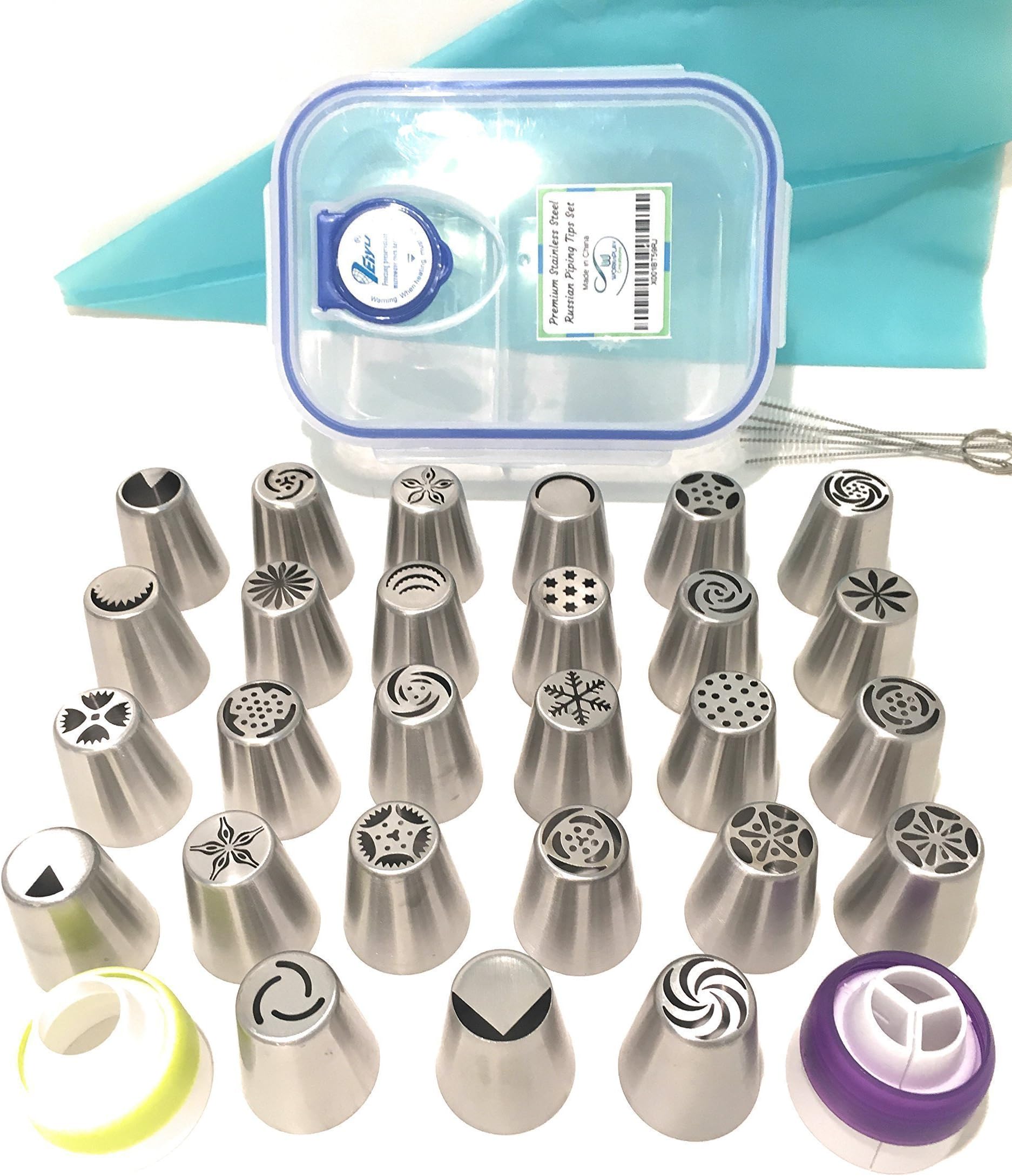 51 Piece Russian Piping Tip Set -27 Stainless Steel Icing Tips- 2 Couplers- 20 Disposable Pastry Bags- 1 Silicone Reusable Icing Bag- Bonus Plastic Storage Container and Cake Decorating Guide