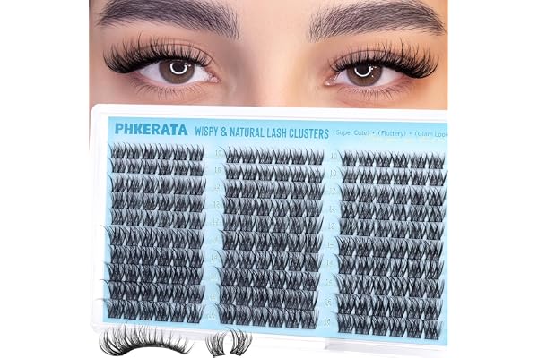 PHKERATA Wispy Lash Clusters Natural Eyelash Clusters C Curly Cluster Lashes DIY Lash Extensions with Wide Soft Thin Band,10-