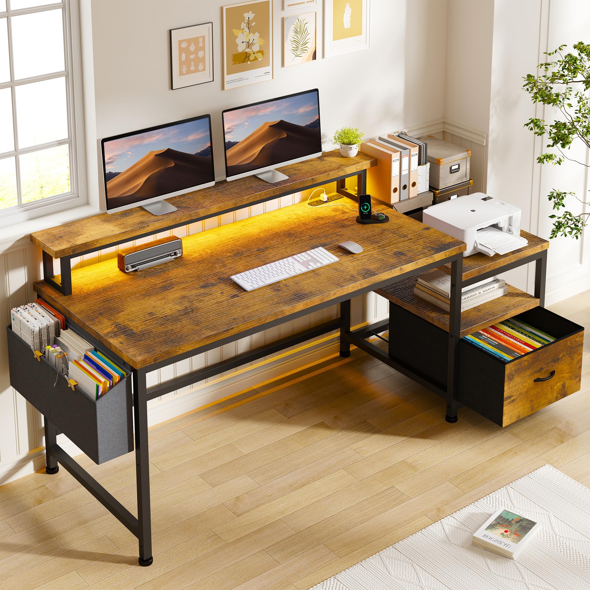 EnHomee 57" Office Desk with Drawers and Printer Space,Computer Desk with Power Outlets,Home Office Desks with File Drawers Cabinet,Study and Gaming Desk with Shelves Monitor Stand,Rustic Brown