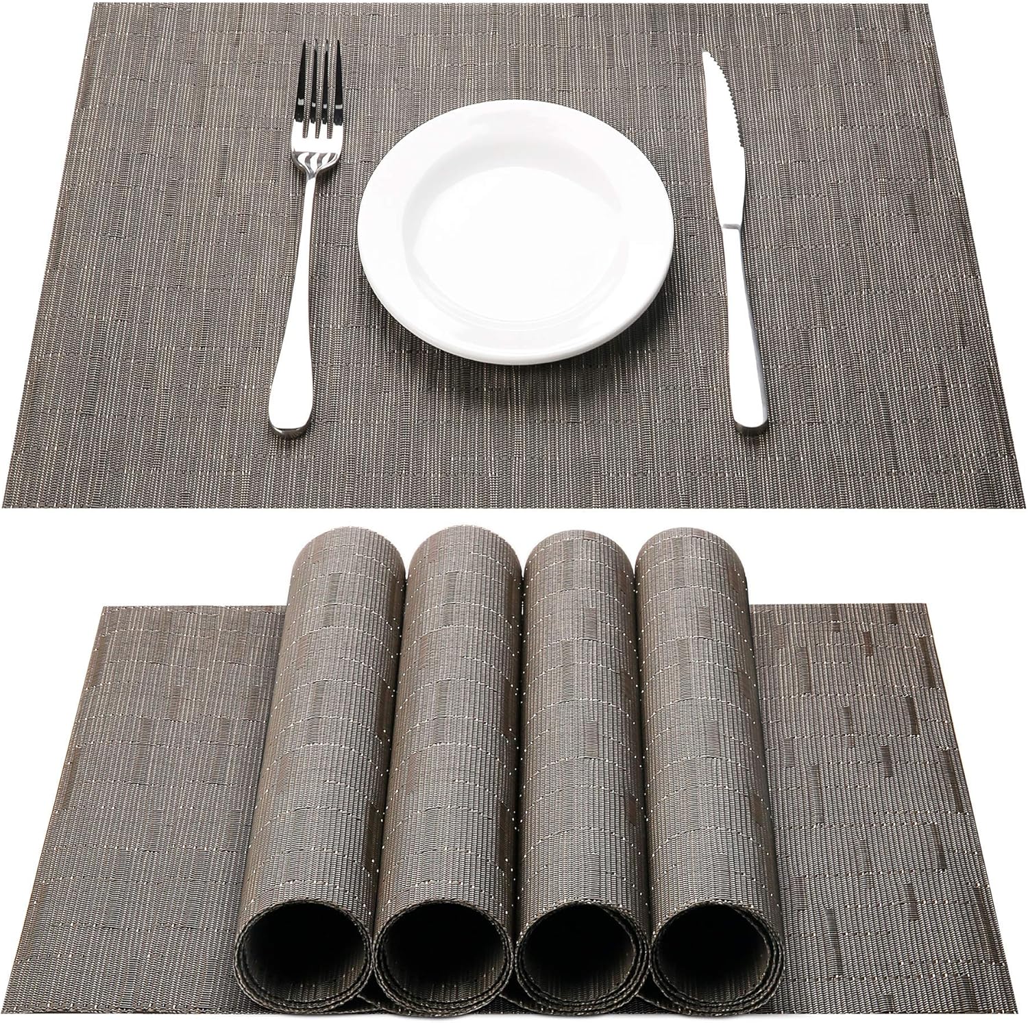 HOKEKI Placemats,Washable Vinyl Heat Resistant Table Mats,Non-Slip Wipe Clean PVC Placemats for Dining Table Sets of 4 (Grey-Black): Home & Kitchen