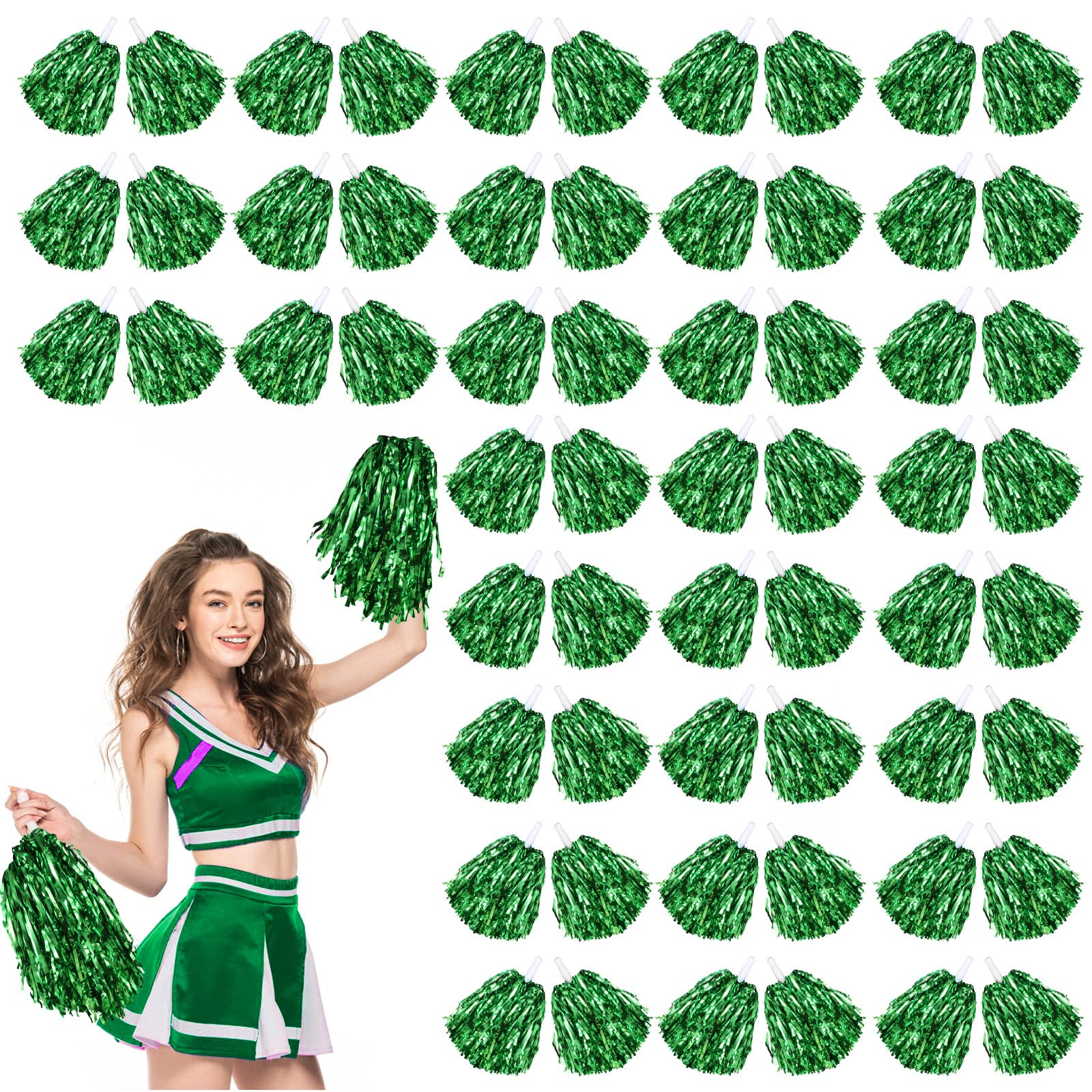 Photo 1 of 60 Pcs Cheerleading Pom Poms Cheer Pompoms Metallic Foil Pompoms with Plastic Handles for Cheering Squad Team Spirited Sports Dance(Green)