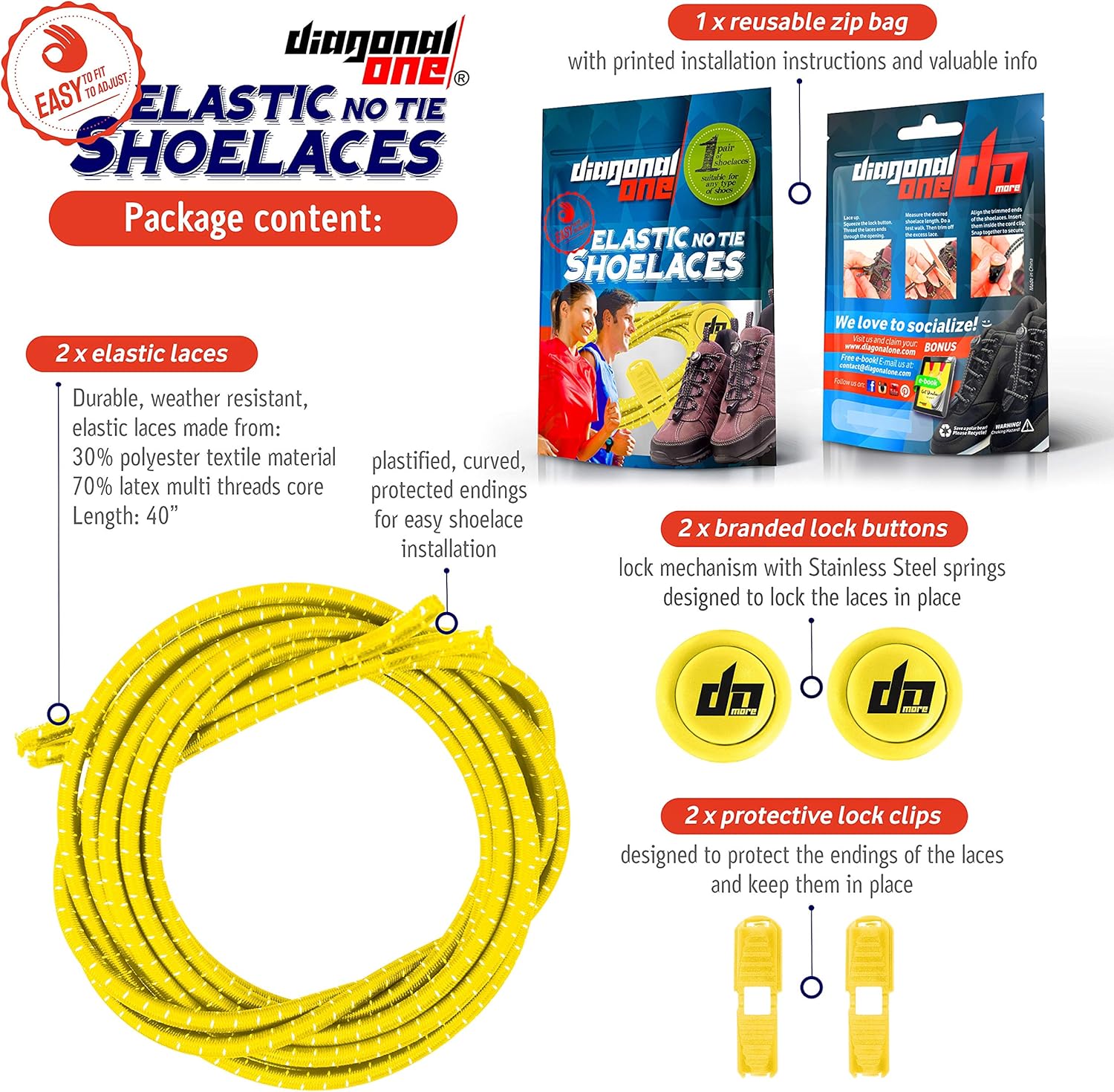 Diagonal One Elastic Shoe Laces for Men and Women, Compatible with Sneakers, Converse, Trainers, and Casual Footwear – No Tie Shoelaces Suitable for Kids, Adults, Teenagers and Seniors (Yellow): Clothing