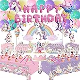 Unicorn Party Birthday Supplies - 220Pcs Unicorn Party Decorations Included Backdrop, Banner, Tablecloth, Hanging Swirls, Cupcake Toppers, Tableware, Paper Towel, Latex Balloons (BIG)