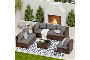UDPATIO Patio Furniture Sets, Modular Rattan Outdoor Patio Sectional Furniture Sofa Set, Wicker Patio Conversation Set for Backyard, Deck w/Coffee Table, 7pc Brown/Grey (Include Sofa Cover)