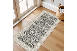 YAMEIJING Small Washable Runner Rugs for Entryway: Kitchen Mats Vintage Throw Carpet 2x4 Black Beige - Non-Slip Stain and Water Resistant Soft Low-Pile Thin Rug for Hallway Bathroom Bedroom
