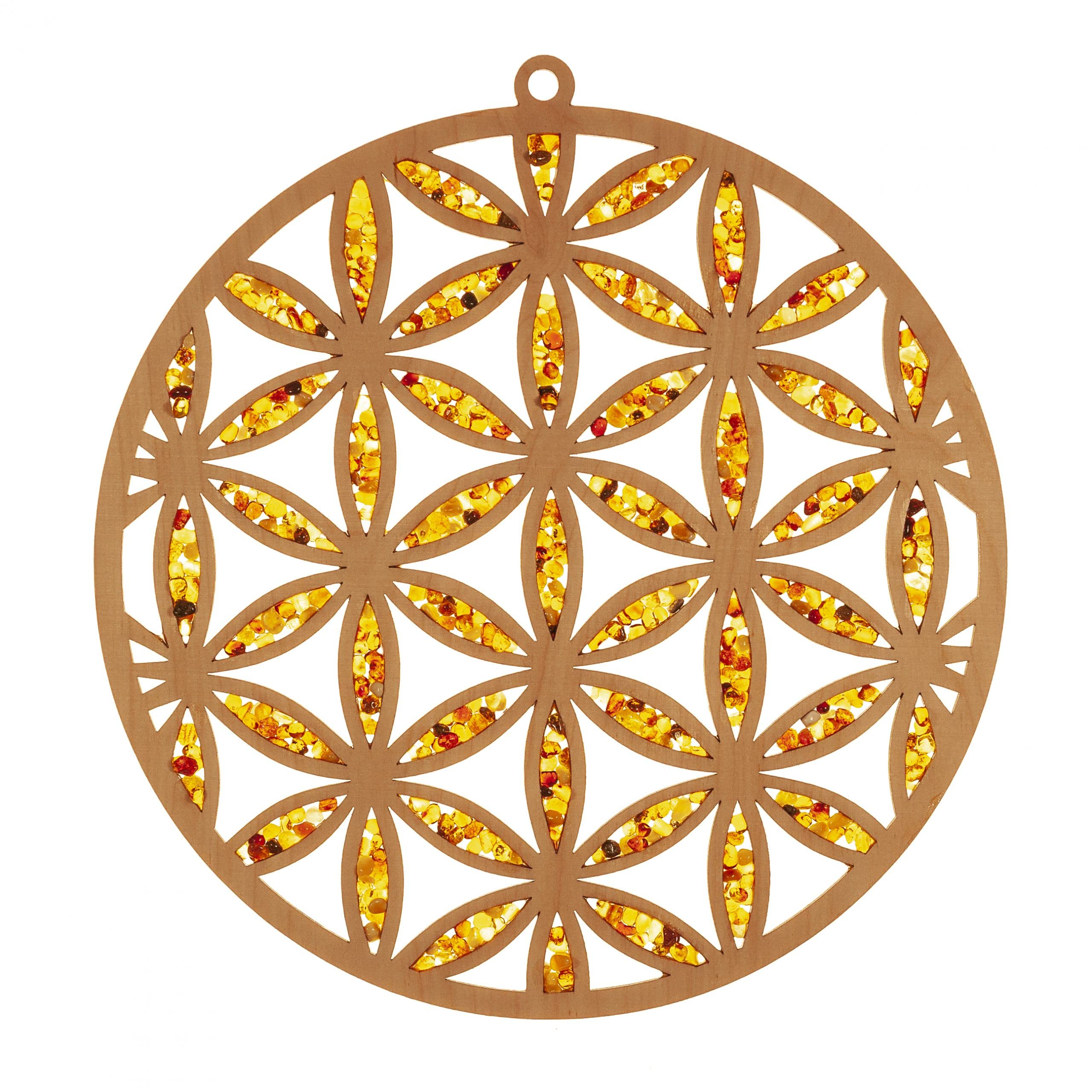 Raduly Large Suncatcher Amber in Birch Wood Flower of Life Window Decoration Diameter 20 cm with Suction Cup Hook 35 mm Suitable for All Suncatchers