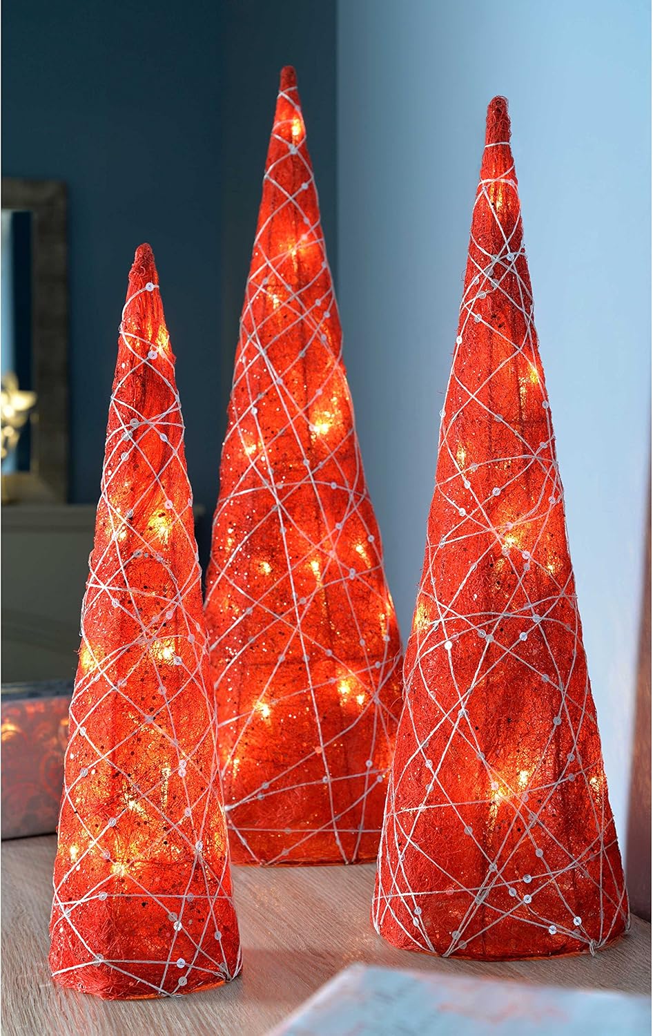 WeRChristmas Pre-Lit Sisal LED Tree Cones Woven Silver Glitter String, 41/51/61 cm - Red, Set of 3, 20 x 20 x 61 cm - Image 3