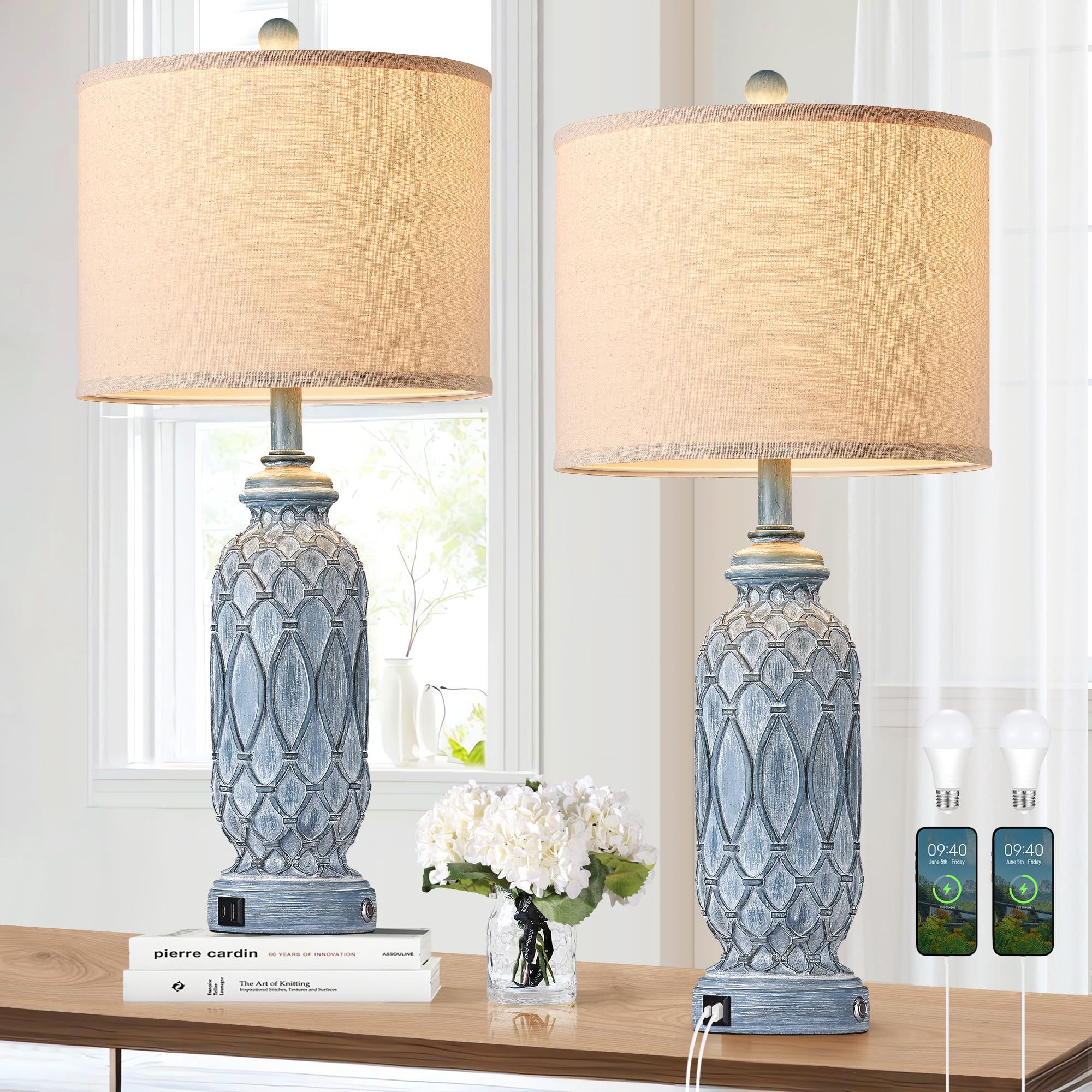 Photo 1 of SRJJRS Farmhouse Lamps for Bedroom Set of 2, 28" Rustic Lamps for Living Room with USB Ports, 3-Way Dimmable Nightstand Table Lamp (Bulbs Included)
