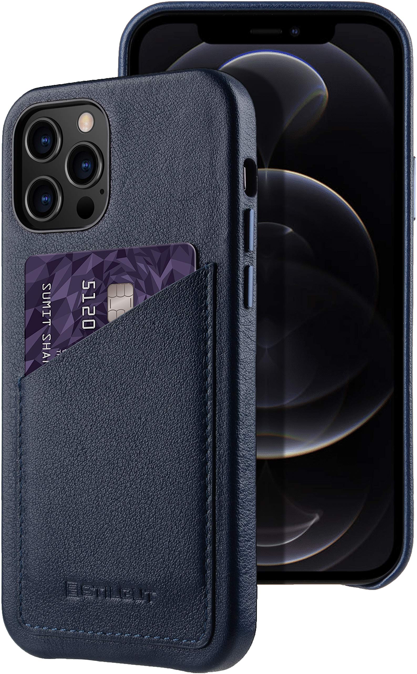 StilGut Back Cover for iPhone 12 & iPhone 12 Pro (6.1"), Genuine Leather iPhone Case with Card Holder, Darkblue Nappa