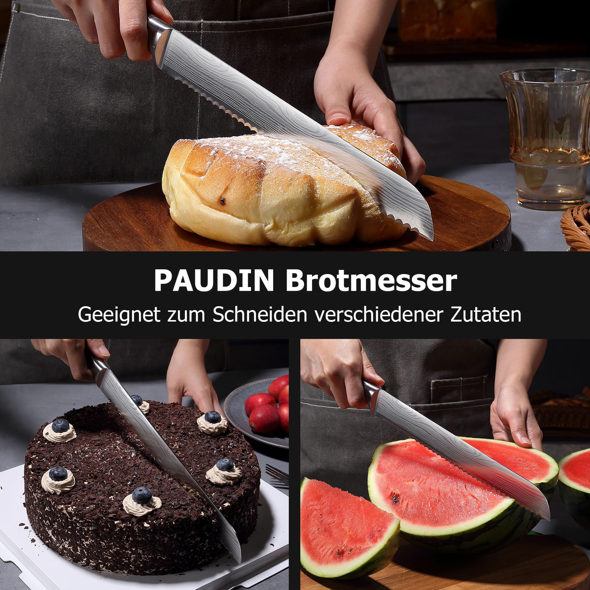 PAUDIN Brotmesser mit Wellenschliff 26 cm aus hochwertigem rostfreiem Edelstahl, extra scharfe Messerklinge mit ergonomischem Pakkaholzgriff 7