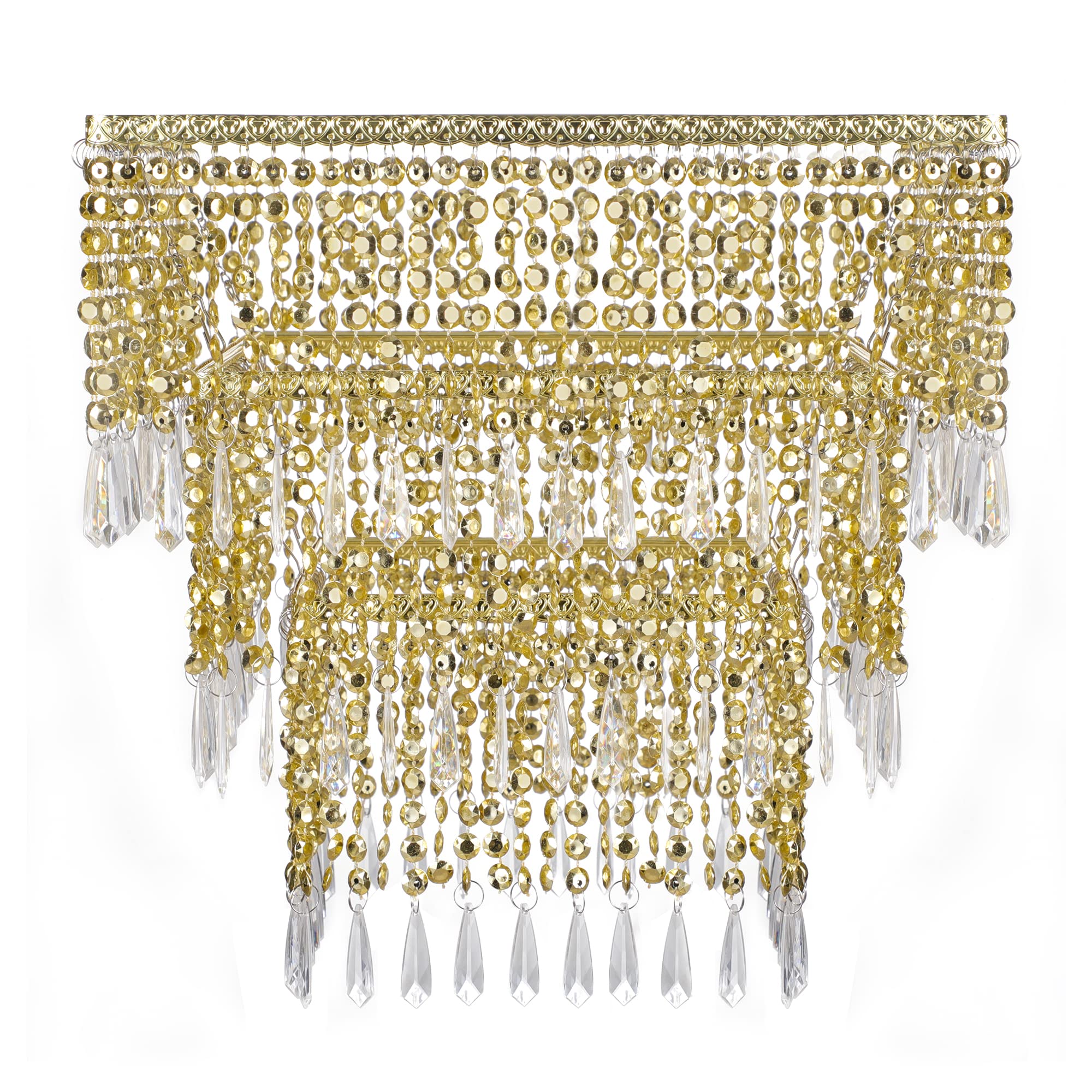 Waneway 3 Tiers Chandelier Shade, Square Sparkling Ceiling Light Shade Pendant Lampshade with Beads and Chrome Frame for Bedroom, Lounge or Wedding Decoration, Diameter 30.5 cm, Gold (BC-003-G)