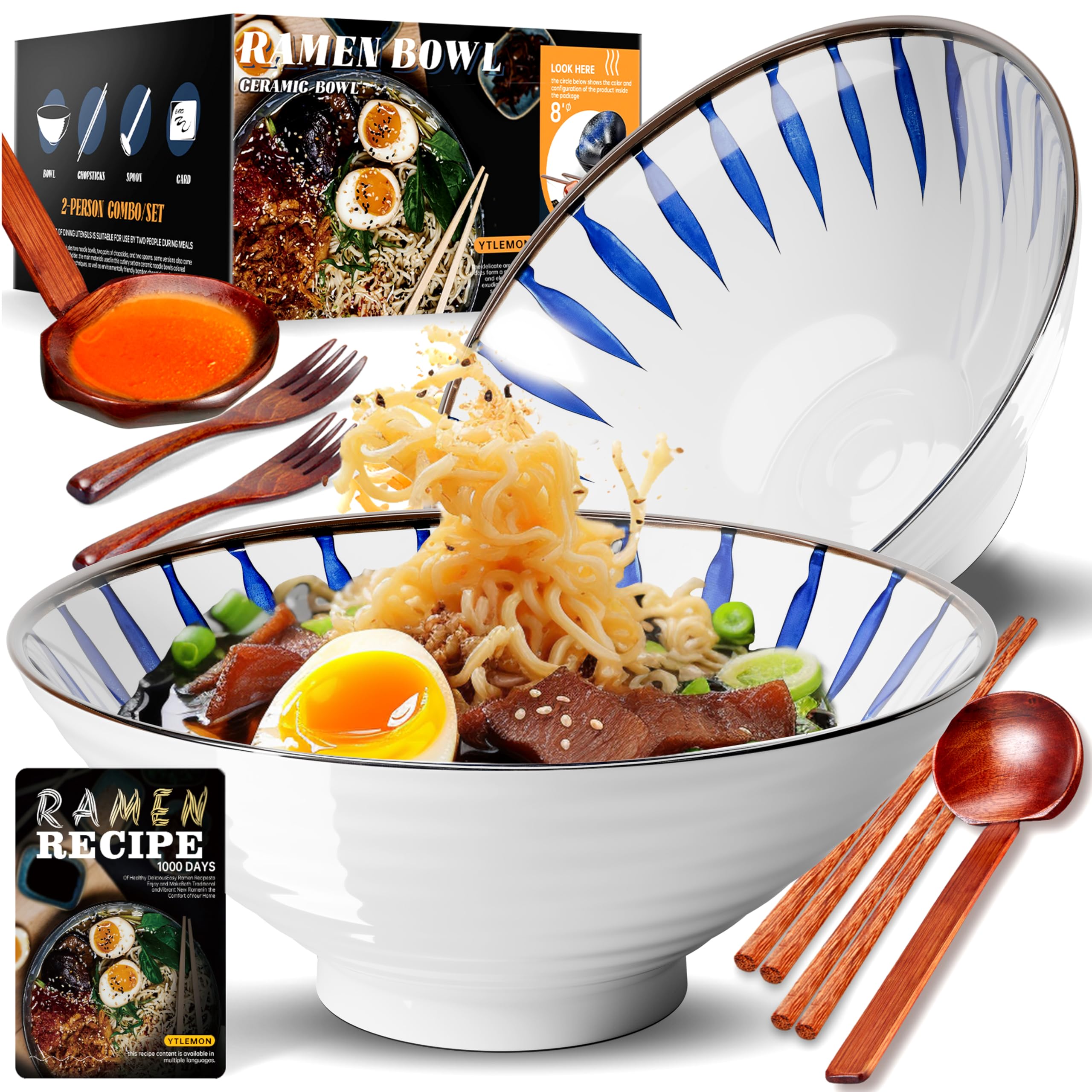 8-Inch Large Ceramic Ramen Bowl Set of 2 (9 Piece) - Microwave & Dishwasher Safe Porcelain Japanese Salad Noodles Cereal Fruit Pasta Soup Bowls with Recipes Chopsticks Forks Spoons for Men Women Gift