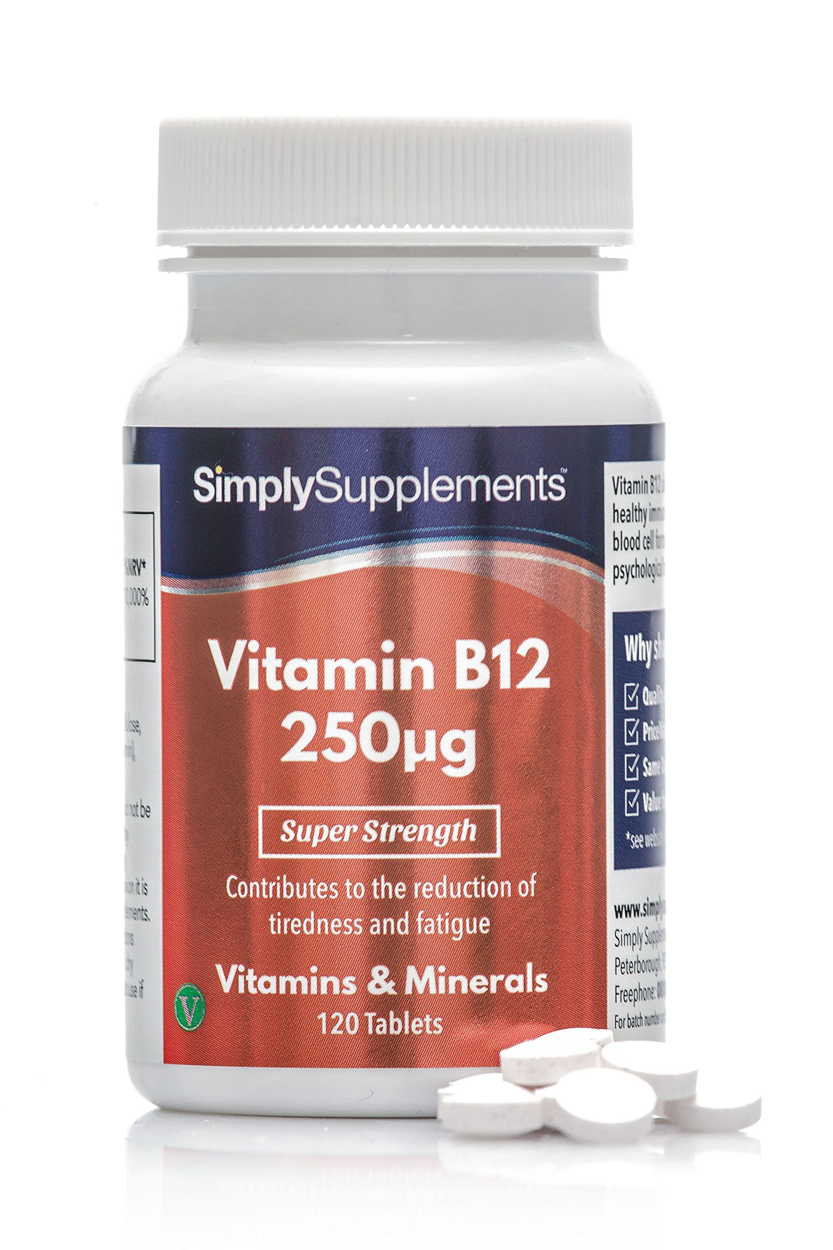 Vitamin B12 Tablets 250mcg | Vegan & Vegetarian Friendly | Supplement Popularly Taken for Normal Psychological Function and Fatigue Reduction | 120 Tablets | Manufactured in the UK