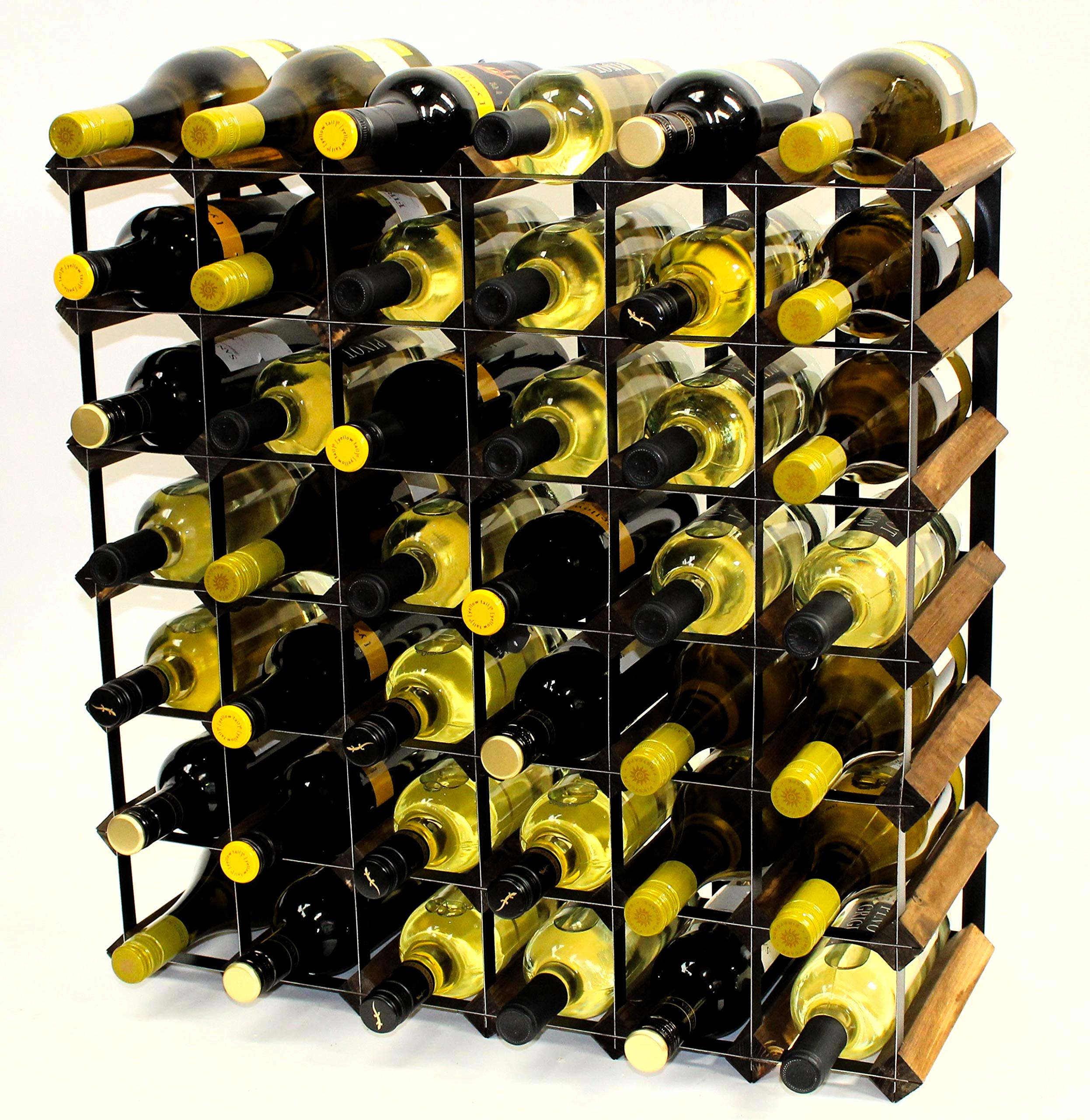 Classic 42 Bottle Walnut Stained Wood and Black Metal Wine Rack Ready Assembled