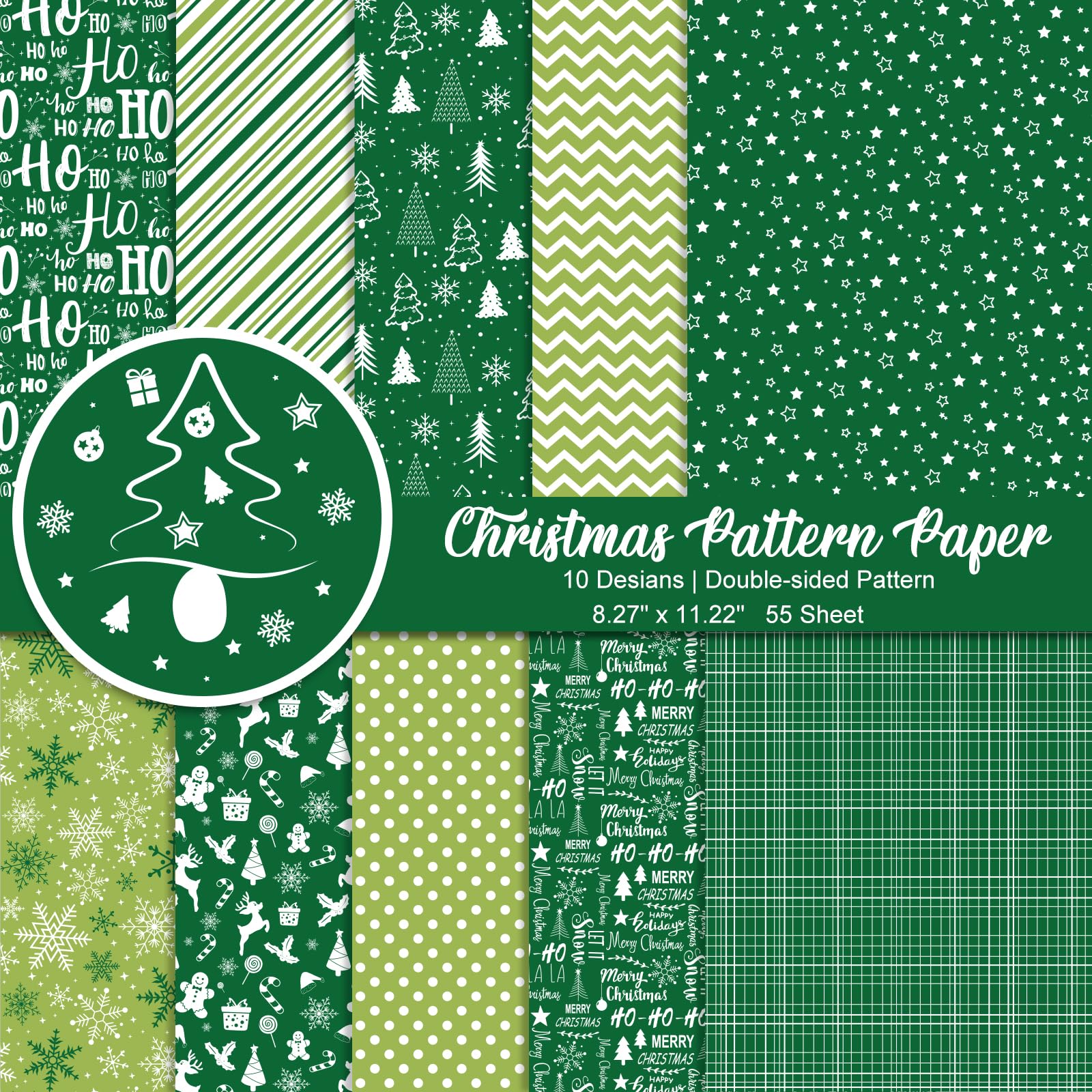 Morcheiong 55 Sheets Merry Christmas Pattern Paper Set Decorative Paper for Card Making Scrapbook Photo Album Decor, 10 Designs (Green, 8.27*11.22 inches)