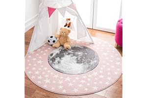 SAFAVIEH Carousel Kids Collection 4' Round Pink/Grey CRK135U Moon & Stars Non-Shedding Playroom Nursery Bedroom Area Rug