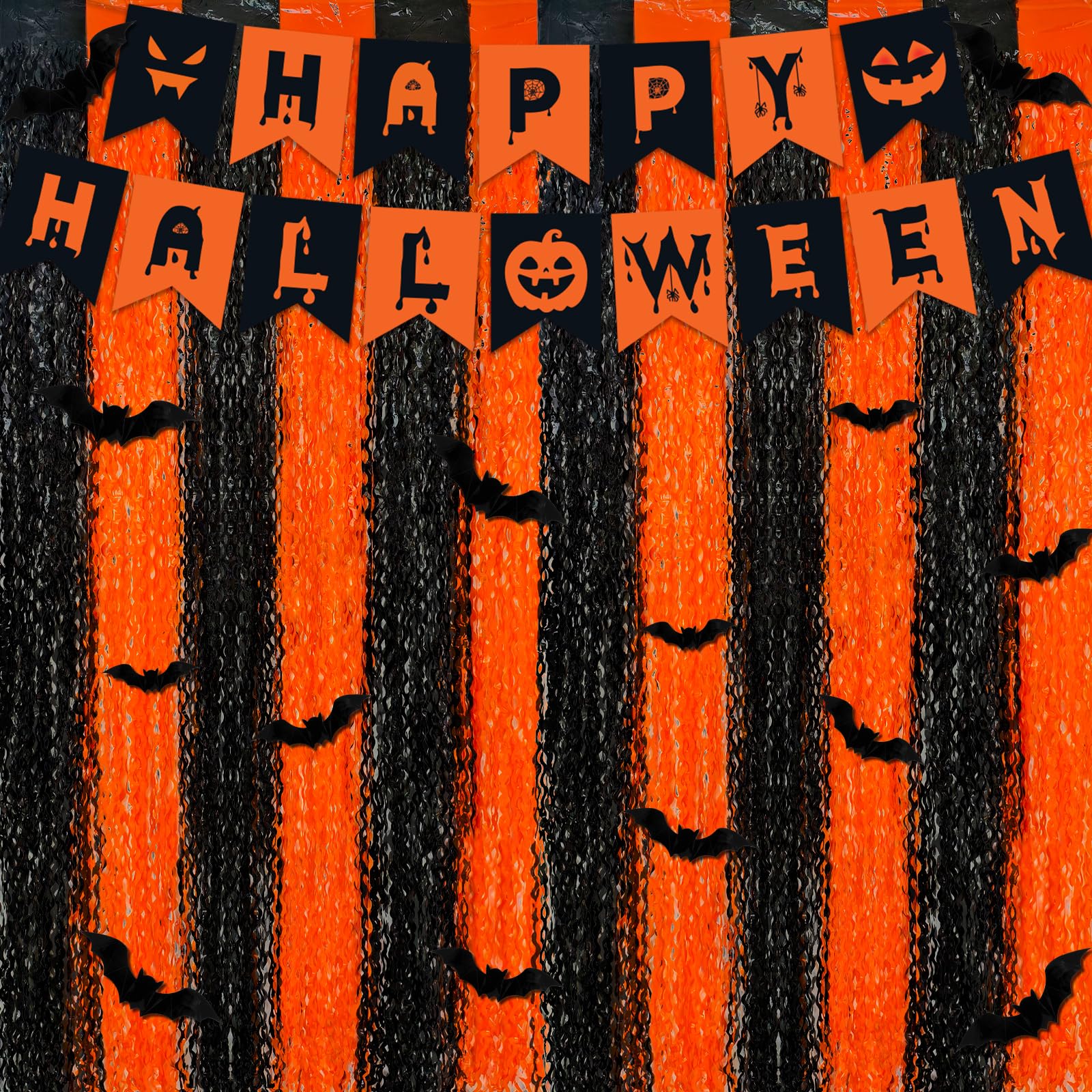 Photo 1 of ***2 INCLUDED***Halloween Party Decorations, 19Pcs Orange Black Fringe Curtains Streamers With Happy Halloween Banner Bat Sticker for Halloweens Photo Booth Props Backdrop Wall Party Decorations***2 INCLUDED***