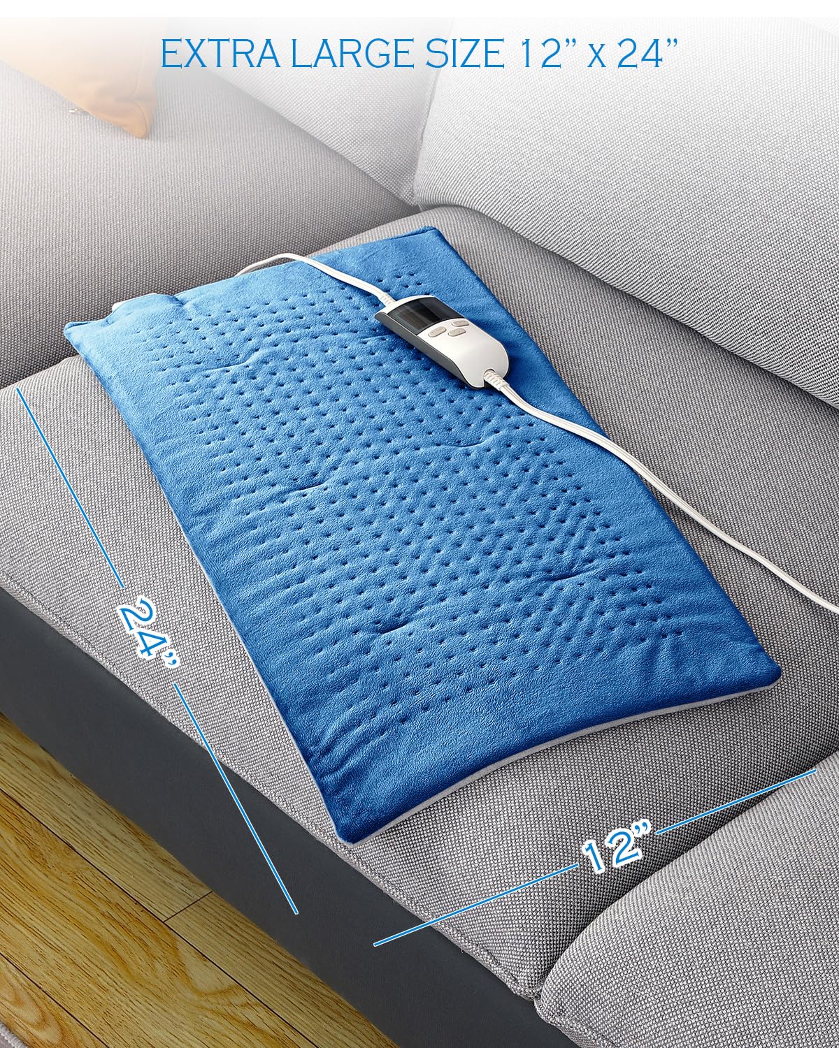 Boncare® LCD Digital Control Electric Heating Pad for Period Cramps and Back Pain Relief Large Size, 6 Timers Auto Off & 6 Temp Settings, Super Soft Heat Pad Moist/Dry Natural Therapy (Blue, 12