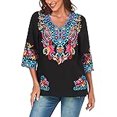 YZXDORWJ Women's Summer Boho Embroidery Mexican Bohemian Tops Shirt Tunic V Neck Blouses