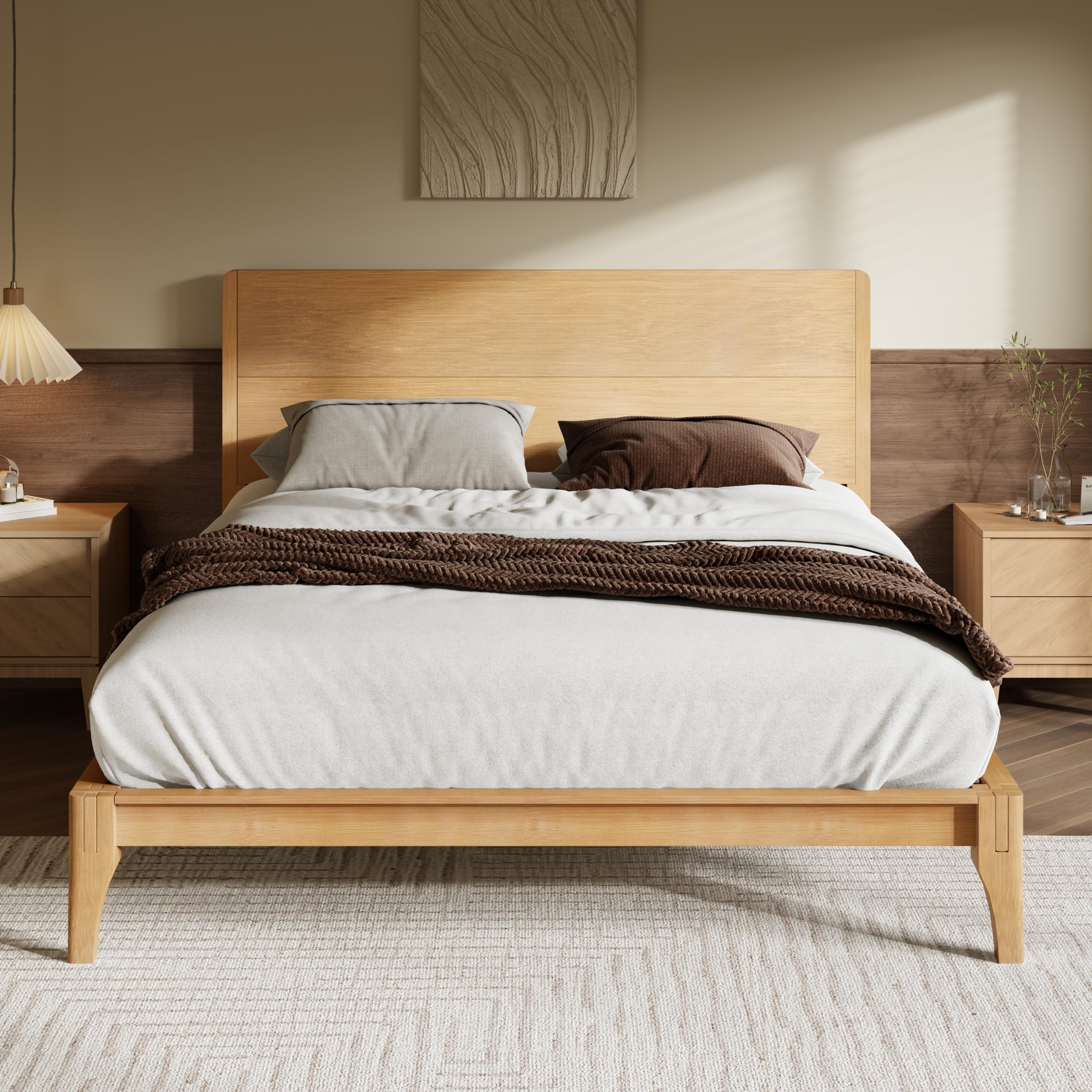 Photo 1 of Merax King Size Bamboo Platform Bed, Mid-Century Modern Bed Frame with Tall Headboard, Solid Sustainable Bedframe King-Size, Wood Slat Support, No Box Spring Needed, Easy Assembly, Natural