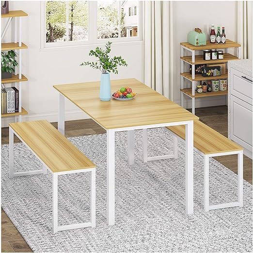 Amazon Com Homury 3 Piece Dining Table Set Breakfast Nook Dining Table With Two Benches White Table Chair Sets