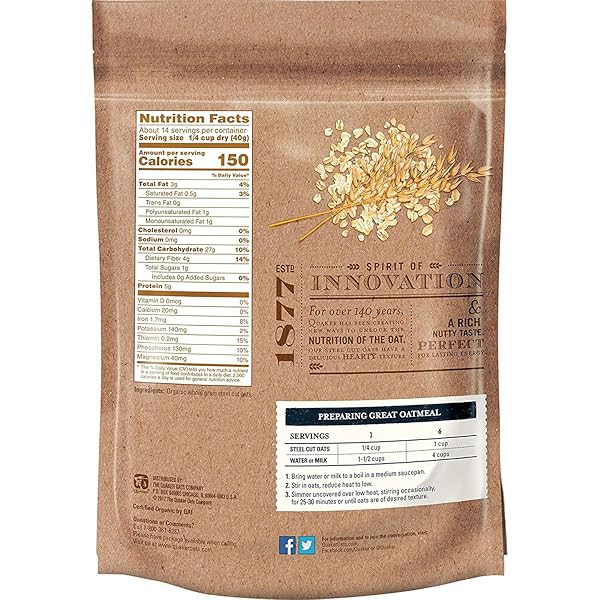QUAKER STEEL CUT OATS, USDA ORGANIC, NON GMO PROJECT VERIFIED, 20OZ RESEALABLE BAGS (PACK OF 4)