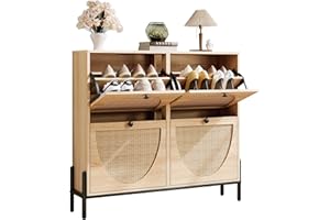 IRONCK Rattan Shoe Cabinet Storage with 4 Flip Drawers, Freestanding Shoe Storage Organizer Cabinet for Entryway, Narrow Shoe Rack Cabinet, Oak