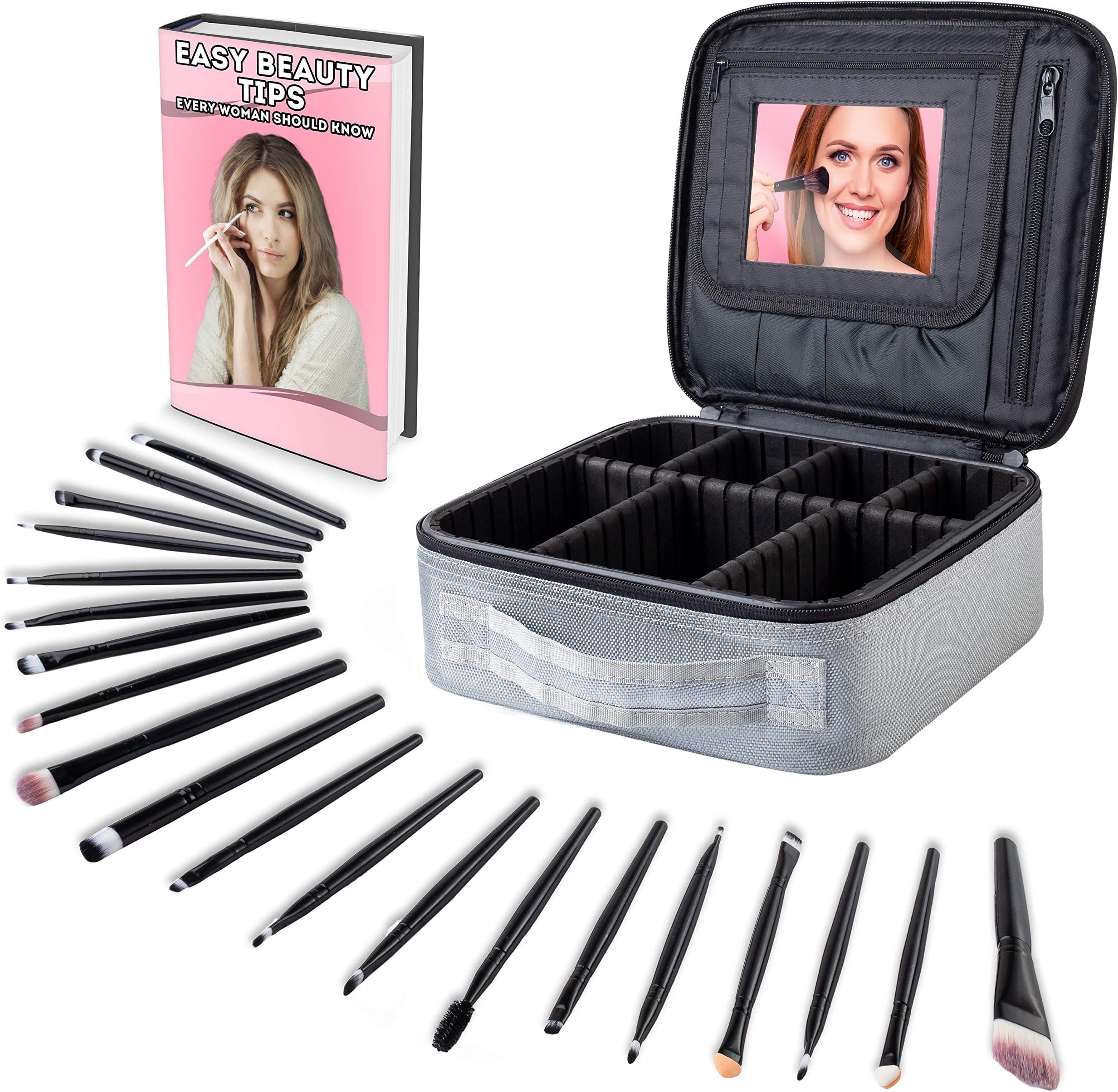Makeup Bag Organizer with Mirror + Makeup Brush Set – Professional Makeup Train Case with Adjustable Dividers, Brush Holders – Portable Travel Makeup Case + 20 Makeup Brushes by Camoone, Silver