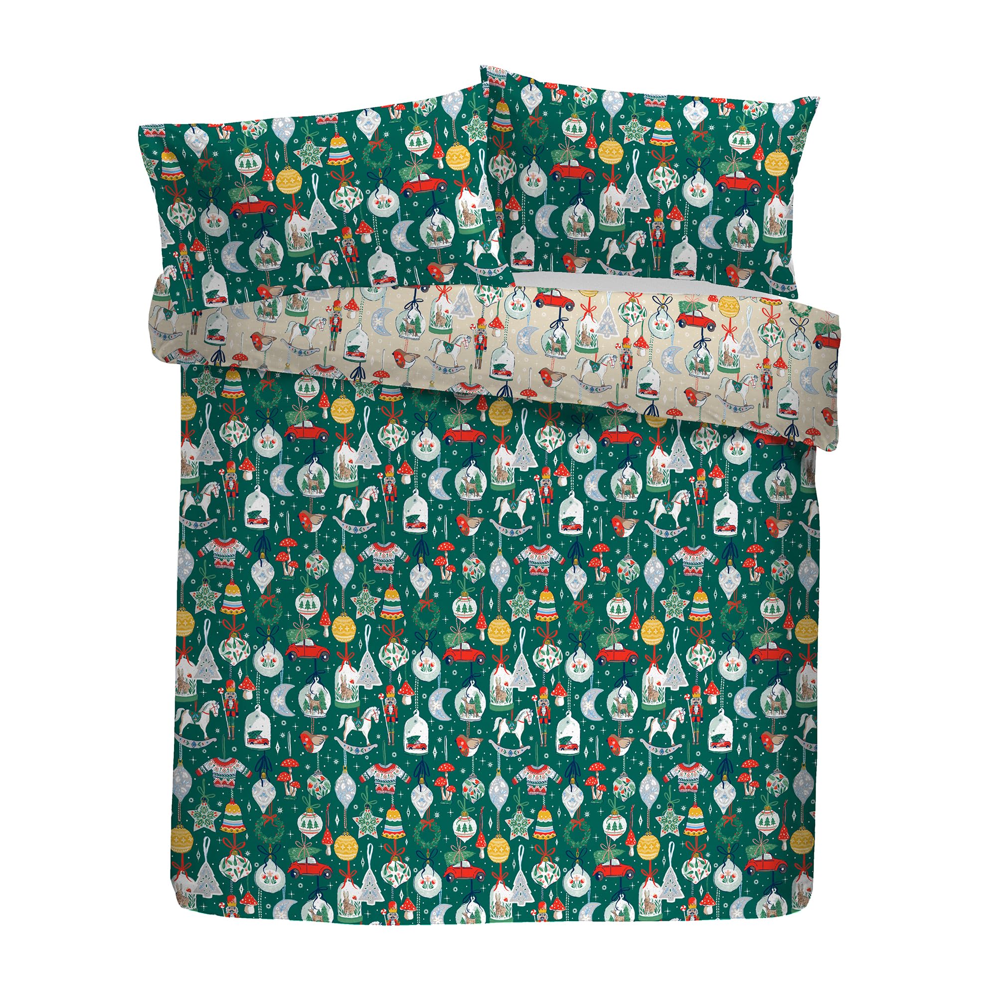 Fusion Christmas Ornaments Double Duvet Cover Set, 52% Recycled Polyester 48% Cotton, 200x200cm, Green, Reversible Print, 56 Pick