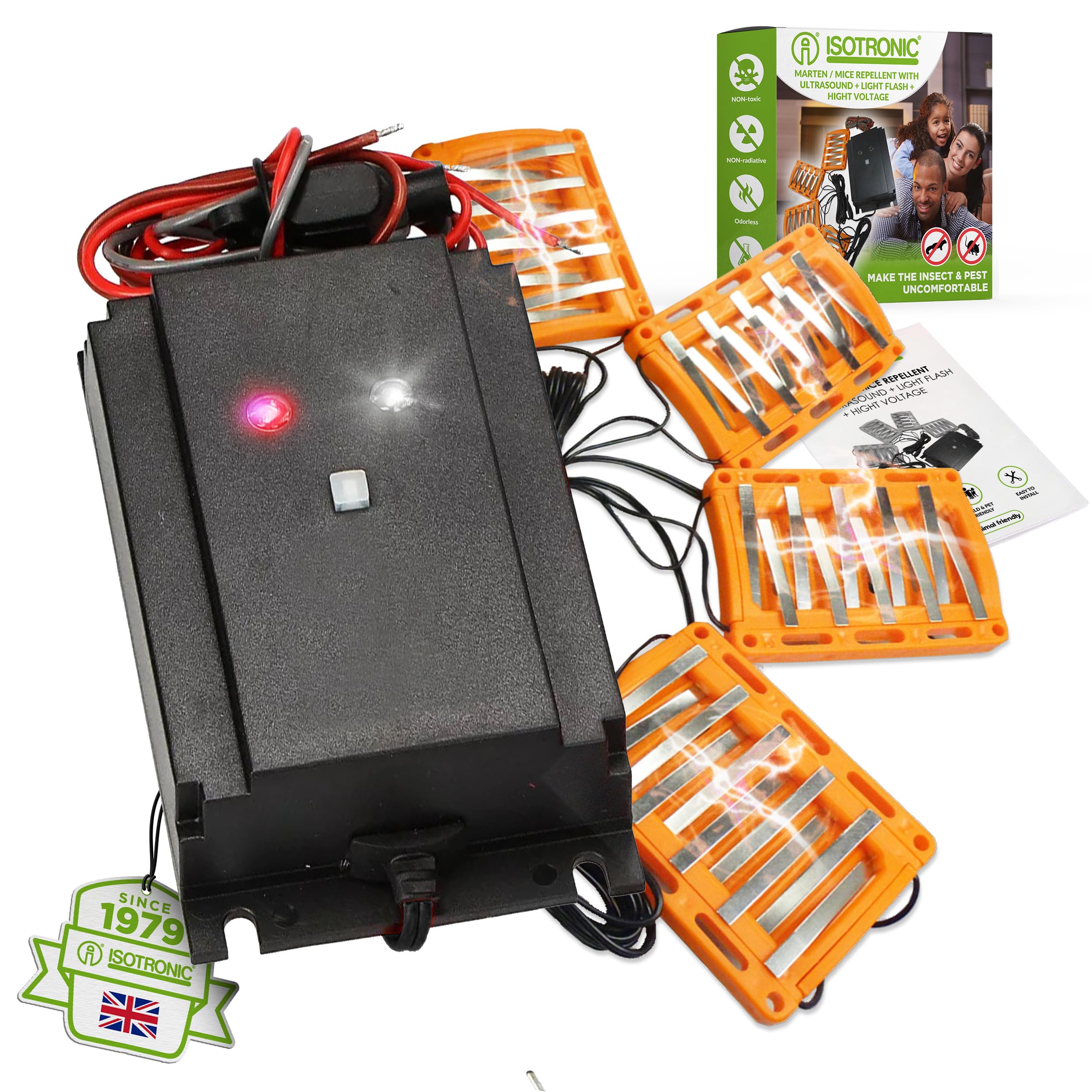 ISOTRONIC® Ultrasonic & High voltage Mouse Rat Marten-Free, 12V car battery powered LED flashing light marten scare defence, Mice & Rat protection for car