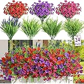 Alupssuc 24 Bundles Artificial Flowers for Outdoors Spring Summer Decoration, UV Resistant Eucalyptus Violet and Lavender Silk Fake Plants for Outside Indoor Yard Home Patio Decor, Red Rose Purple