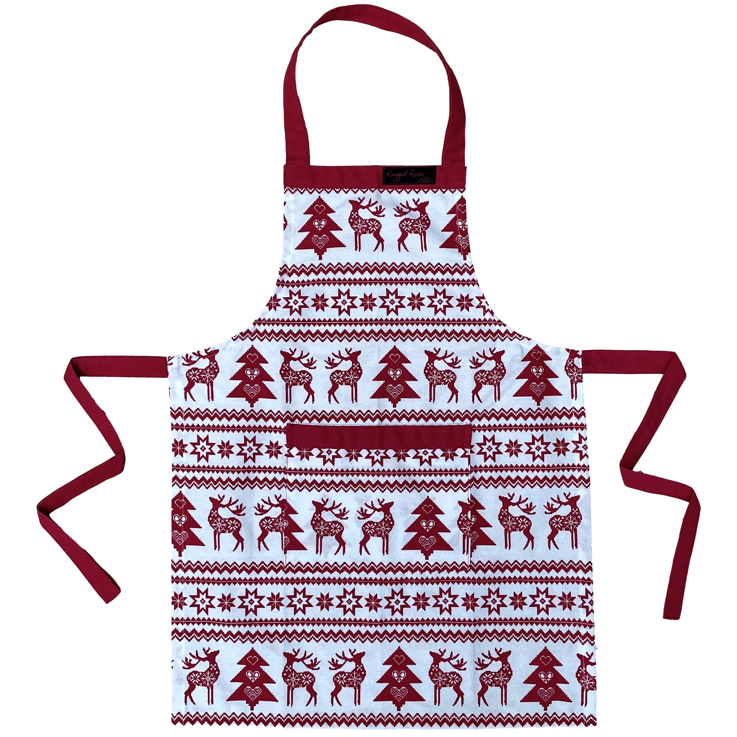 Ragged Rose Christmas Apron - Kids Aprons for Cooking & Dishwashing - Frilly Apron with Adjustable Neck Strap, Front Pocket, & Ties - Nordic Red Apron for 3-7 Years Old - 63 cm x 44 cm Cotton Apron — image 1