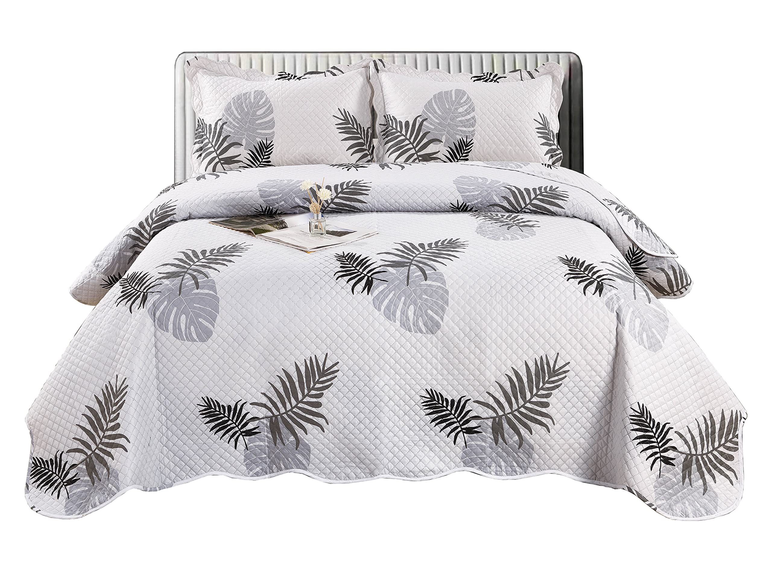 3 Piece Quilted Bedspread Printed Embossed Comforter Bedding Set with 2 Pillowcase (Embossed Leaf, Single)