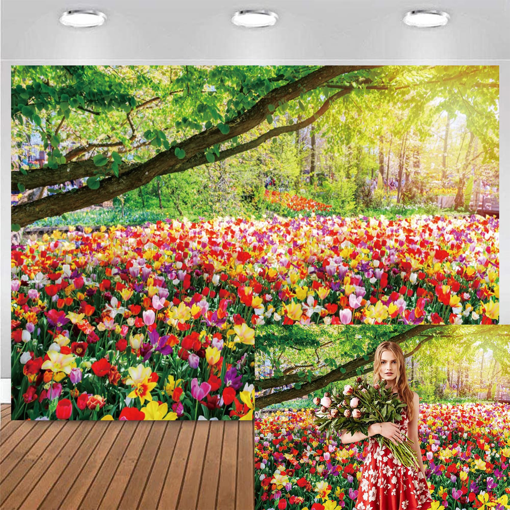 Bovlleetd 7x5ft Spring Scenery Photo Backdrop Greenery Tree Watercolor Florals Field Background for Photography Nature Garden Scenic Wallpaper Outdoor Valentine's Day Photo Studio Props Vinyl