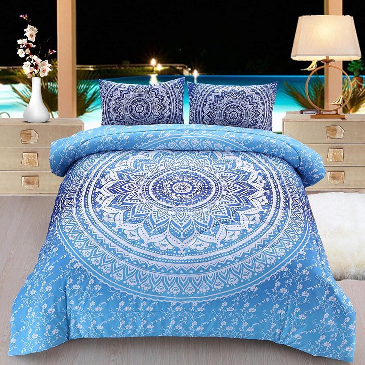 Misscindy 3 Pcs Mandala Bohemian Duvet Cover Set 100% Microfiber Bedding Sets - Zipper Closure,Soft,Luxury Boho Bedspreads （Blue） (King)