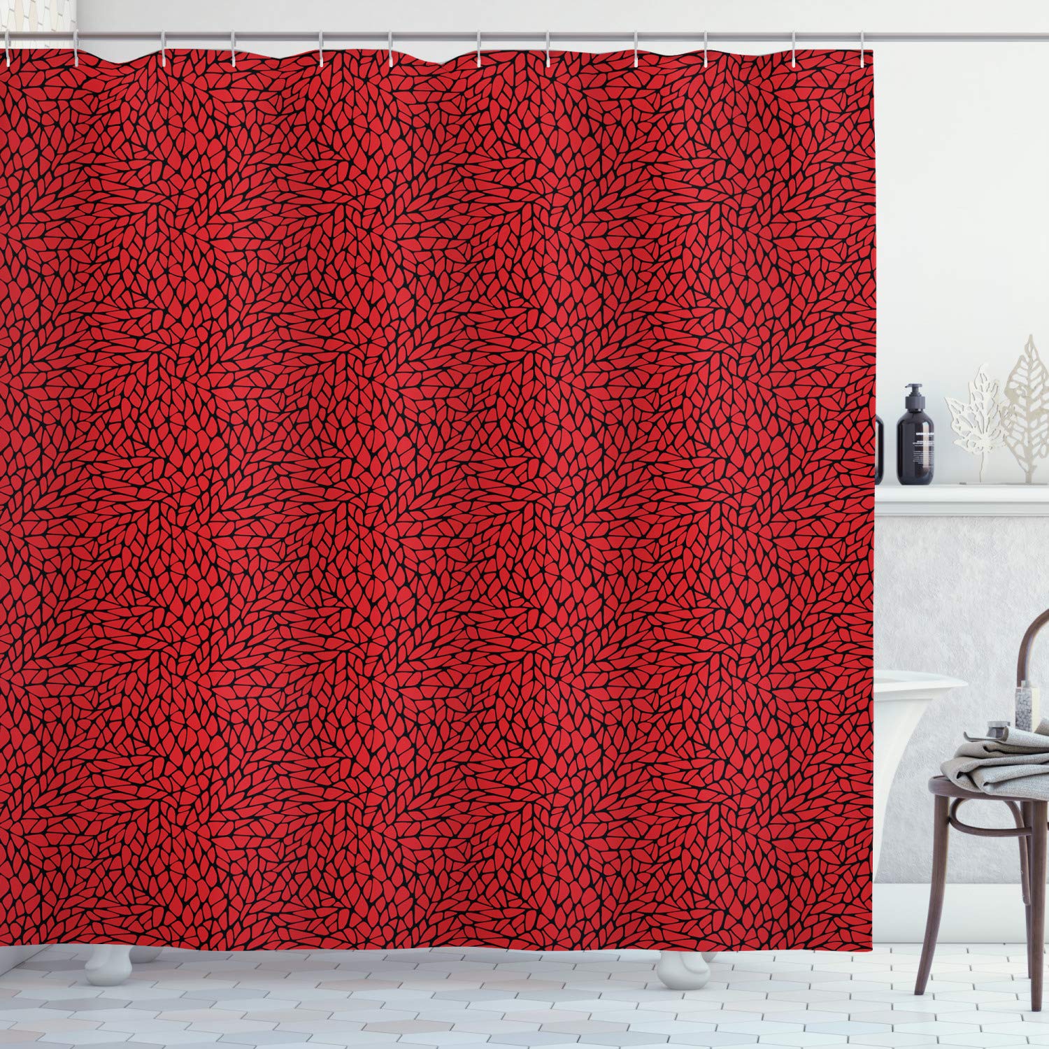 ABAKUHAUS Red and Black Shower Curtain, Abstract Pattern in Vibrant Color with Geometrical Shapes Modern Grid on Black, Cloth Fabric Bathroom Decor Set with Hooks, 78 Inches, Red Black — image 1