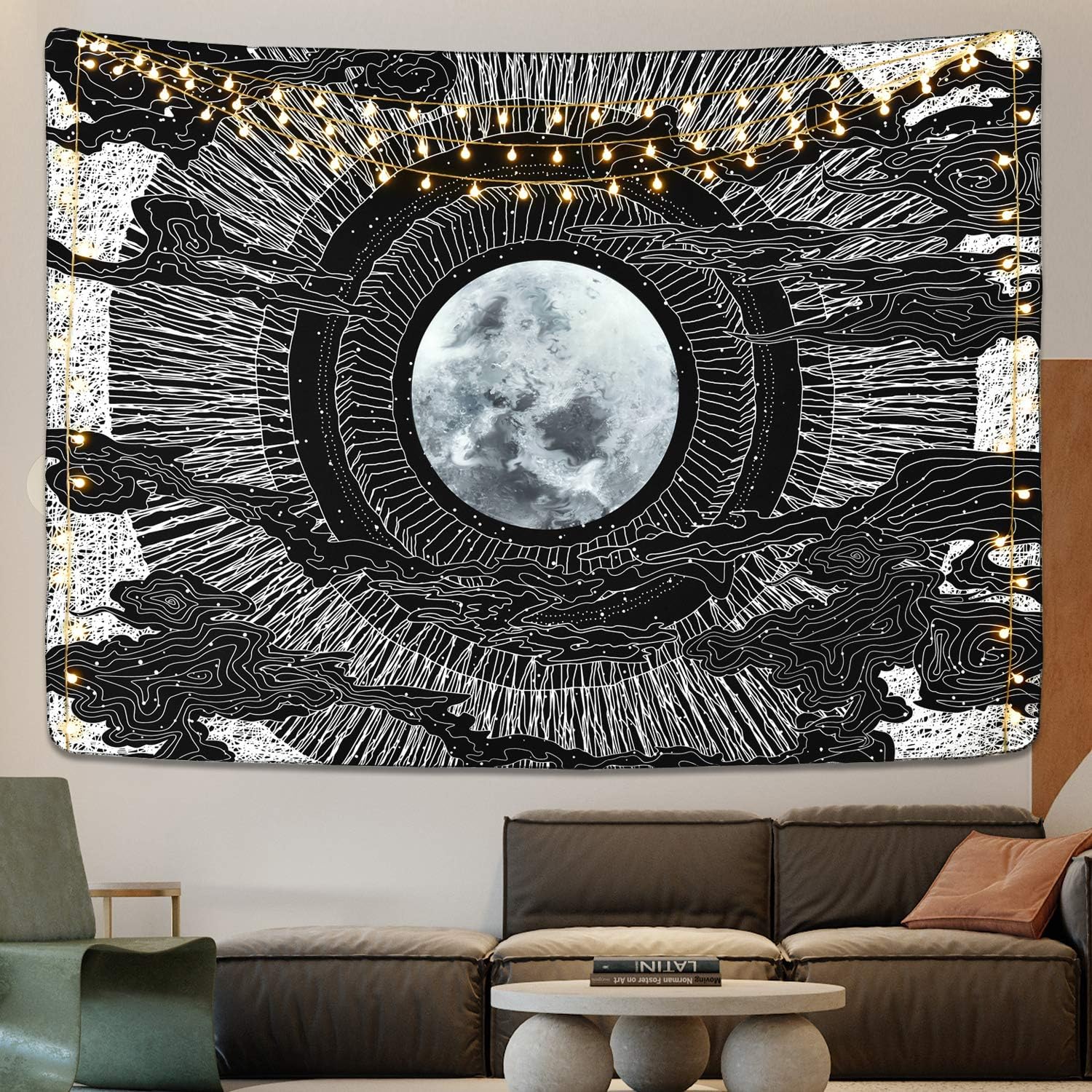 Moon and Star Tapestry Black and White Tapestry Psychedelic Clouds
