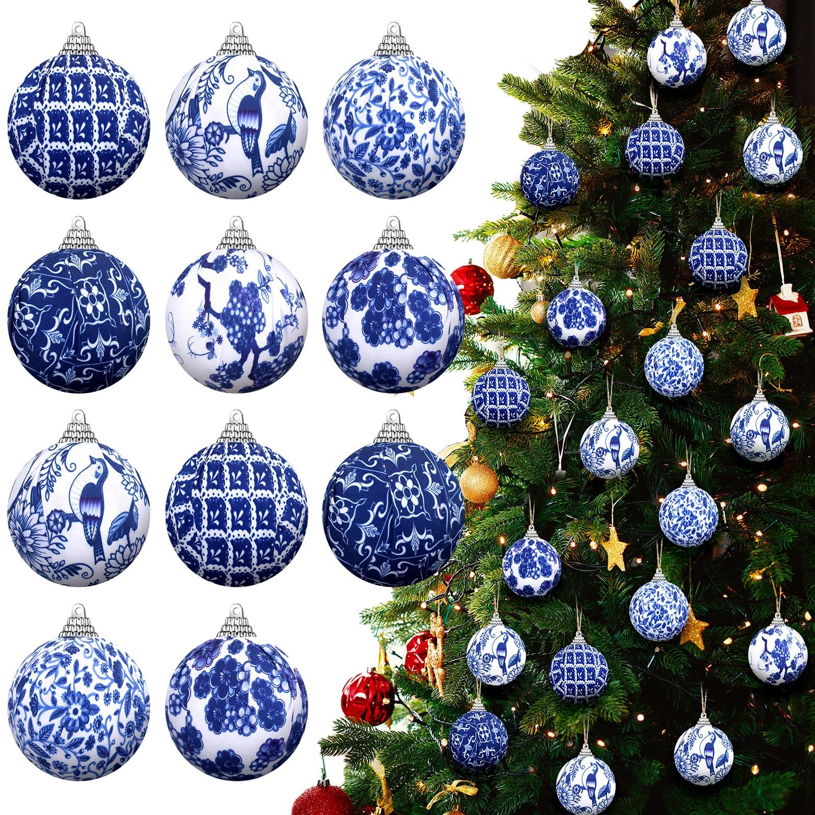 12 Pcs Blue and White Chinoiserie Ball Ornaments - Christmas Tree Hanging Ornaments - Retro Style, 2 Inch