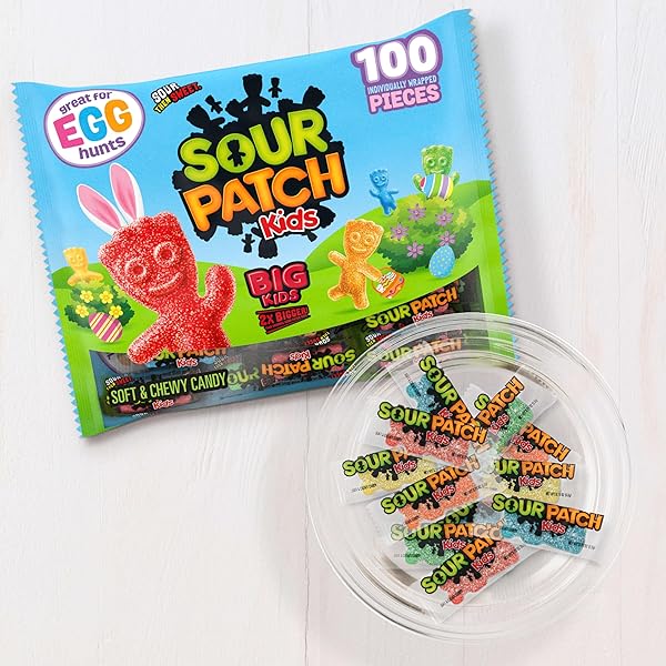 SOUR PATCH KIDS BIG KIDS INDIVIDUALLY WRAPPED SOFT & CHEWY CANDY, EASTER CANDY, BULK CANDY, 1 BAG (100 PIECES)