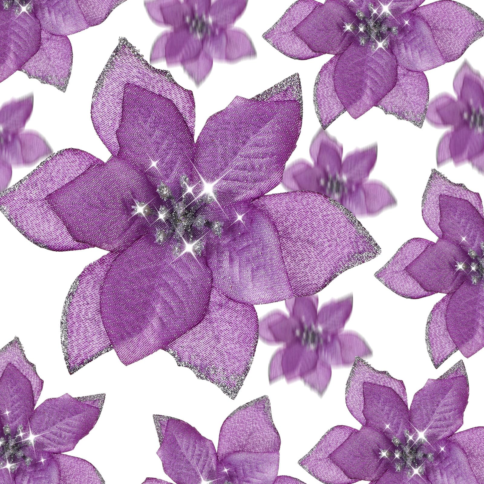 36 Pcs 3 Size Christmas Poinsettia Christmas Tree Flowers Glitter Faux Flowers Decoration Artificial Poinsettia Ornaments For Christmas New Year Home Outdoor Decoration (Light Purple,3/ 4/ 6 Inch) — image 1