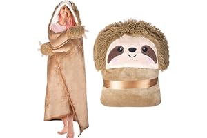 HAPPY FUEL Sloth Wearable Hooded Blanket for Adults - Super Soft Warm Cozy Plush Flannel Fleece & Sherpa Hoodie Throw Cloak Wrap - Sloth Gifts for Women Adults and Kids